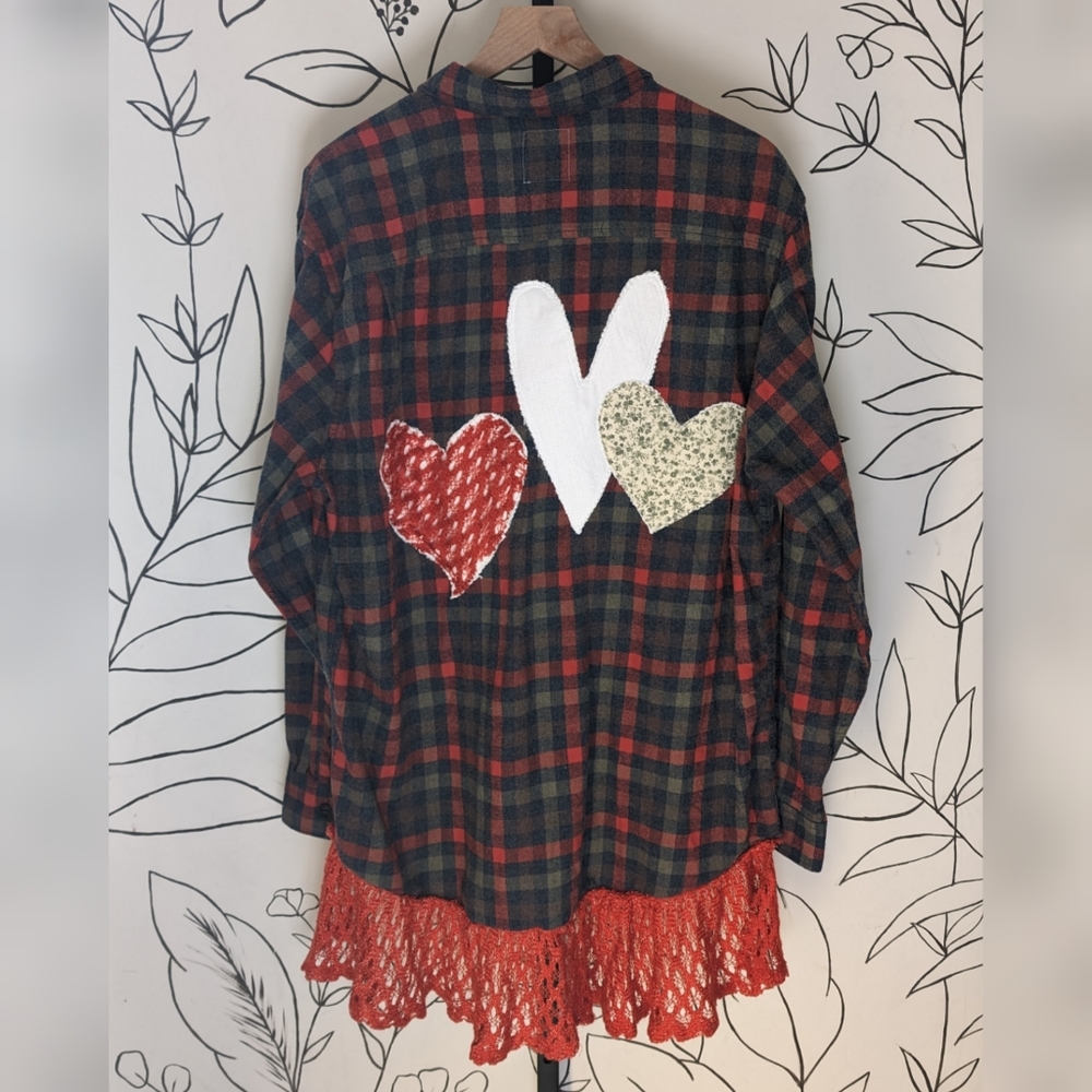 Boho Heart Love Flannel Repurposed Button Down - XXL